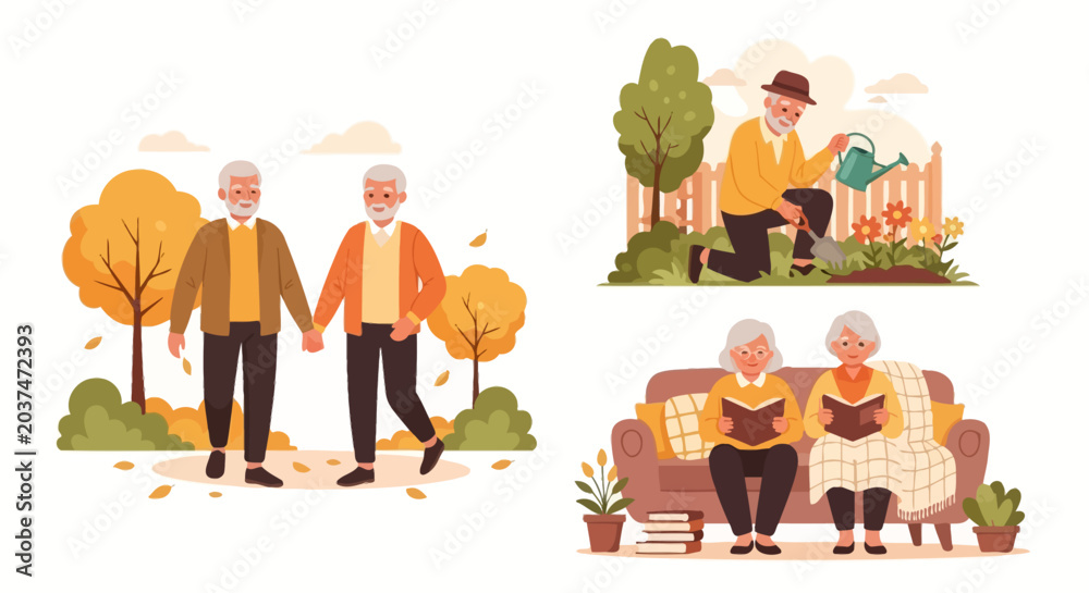 Fototapeta premium Elderly people activities illustration set.