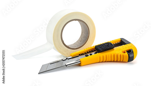 Roll of double-sided tape and a yellow utility knife with a sharp blade, isolated on white