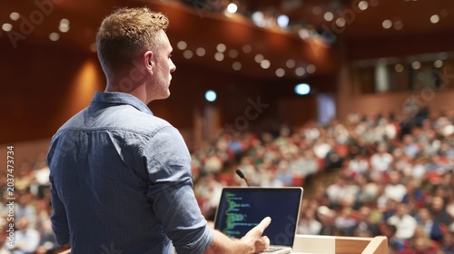Speaker presenting technology insights at a packed conference