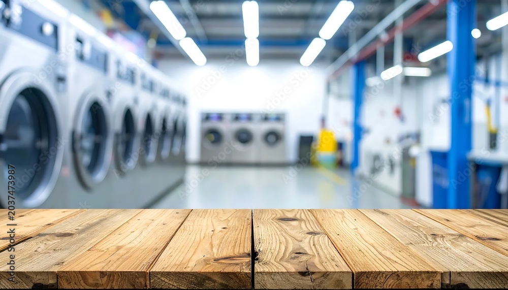 Naklejka premium A wooden table sits in a blurred laundry facility with washing machines.