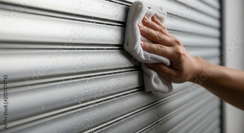 Close-up of a hand cleaning a metal roller shutter door with a white cloth.