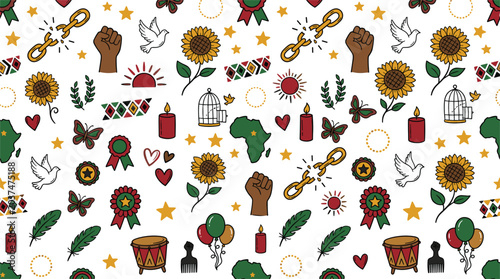 Foto Juneteenth and Black History Month hand drawn seamless pattern background with r