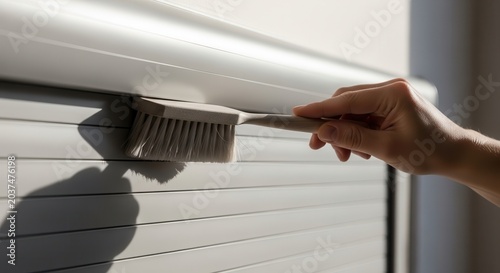 Close-up of a hand cleaning window blinds with a brush in bright sunlight.