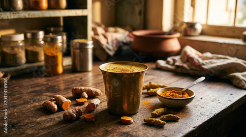 Golden turmeric milk drink in traditional metal cup on rustic kitchen table with turmeric, beverage