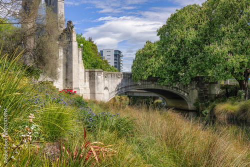 Bridge of Remembrance over the Avon River, Christchurch, New Zealand.