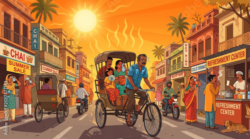 A series of vibrant illustrations capturing everyday Indian life, vibrant street culture, and the resilient spirit of people navigating a scorching, sun-drenched summer in India.