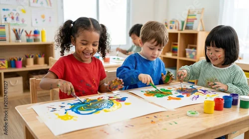 Naklejka Happy Preschool Kids Engaged in Messy Art Class, Learning and Expressing Creativity