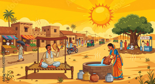 A series of vibrant illustrations capturing everyday Indian life, vibrant street culture, and the resilient spirit of people navigating a scorching, sun-drenched summer in India.