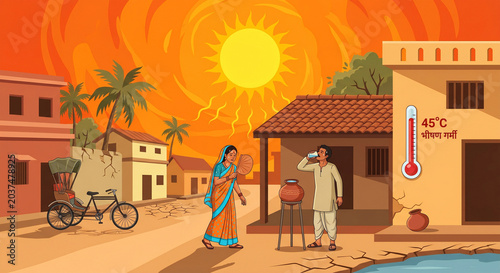 A series of vibrant illustrations capturing everyday Indian life, vibrant street culture, and the resilient spirit of people navigating a scorching, sun-drenched summer in India.
