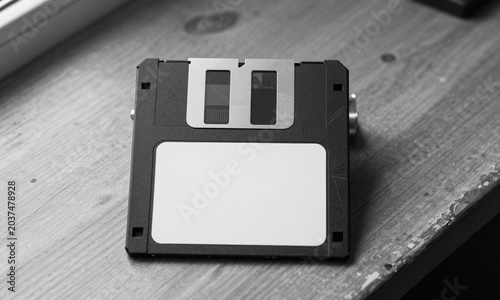 shot black floppy disk resting weathered wooden desk blank white label reflecting soft natural light nearby