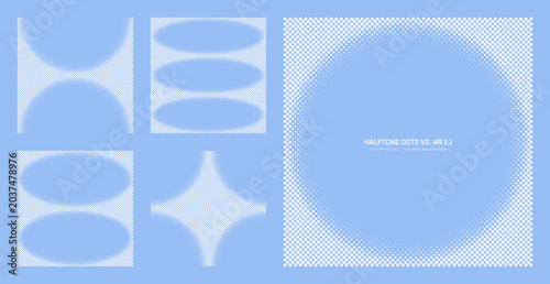 Assorted vector light blue classic halftone dots pattern set in square 1:1 aspect ratio including round frame and various unique borders. Different half tone offset graphic design elements bundle