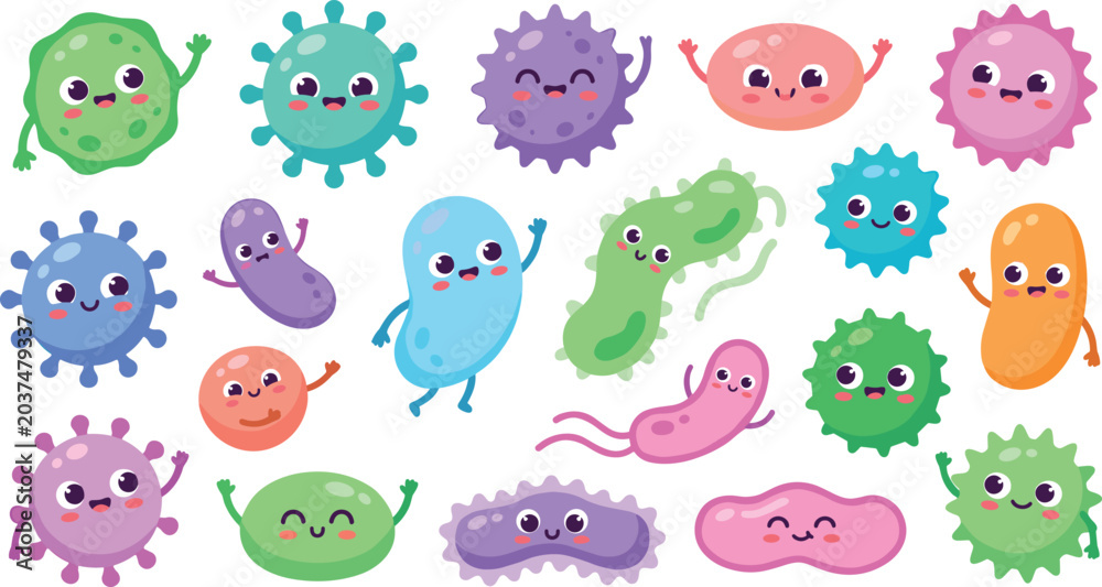 Fototapeta premium Cute Bacteria and Virus Cartoon Character Set with Happy Smiling Microbes, Germs, and Pathogens for Educational Childrens Graphic Designs