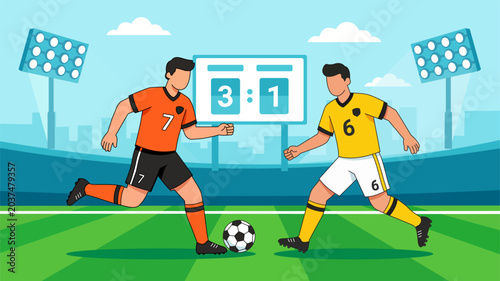Foto Two Soccer Players Competing for Ball in Stadium with Scoreboard Vector Illustra