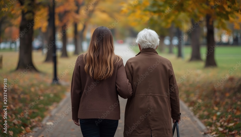 Obraz premium There are two women walking down a path in the park
