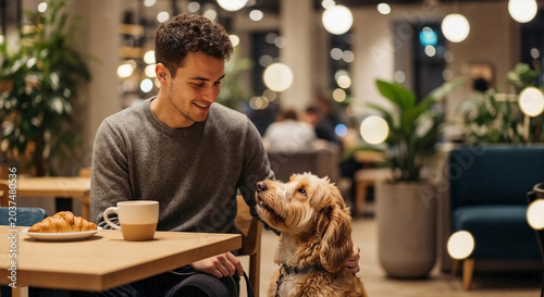 Young man with furry companion at dog friendly cafe, enjoying coffee and croissant. Owner and pet share happy moment inside cozy dog friendly cafe. Concept for pet amenities.