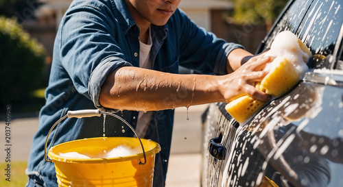 Young adult washing car soap with large yellow sponge, creating abundant suds on vehicle exterior under bright sky.