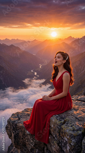 Evening sunlight shines on a woman singing on a mountain peak surrounded by valleys and clouds during sunset in the mountains at a stunning location