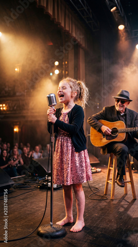 Girl sings hopeful song on stage while an older man plays guitar in music venue with attentive audience watching