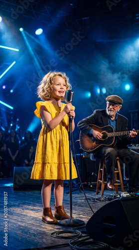 Young girl sings on stage while musician plays guitar in a lively venue with bright lights and an audience enjoying the performance