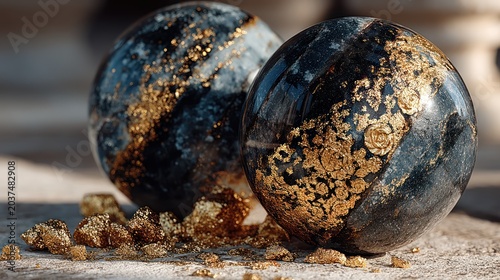 Close-up of two reflective dark orbs with gold accents and scattered gold flakes on a stone surface