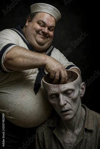 Smiling fat sailor extracting brain material from a man experiencing lobotomy
