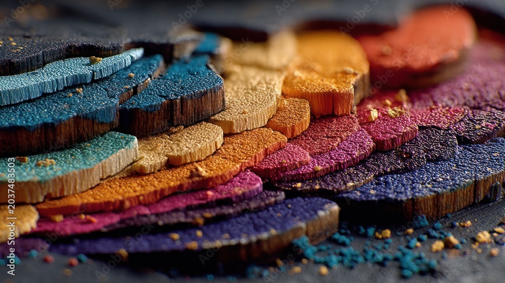Obraz premium Close-up of colorful, textured slices, arranged in a vibrant gradient with powdery elements