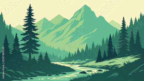 Vintage nature landscape vector illustration set, retro forest under moonlight and mountain river banners