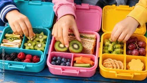 Children Packing Colorful Lunch Boxes