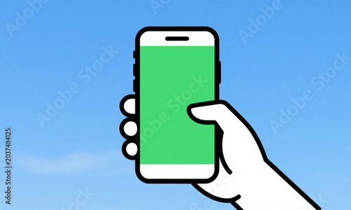 hand grips smartphone displaying green screen captured bright sunny wide shot vibrant blue sky soft shadows casting