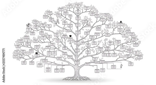 Intricate family tree diagram with empty name boxes and roots
