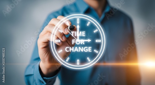 Businessman draws neon clock with text time for change