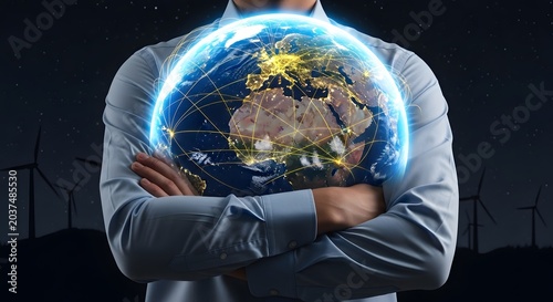 Man holding glowing earth with global network connections at night