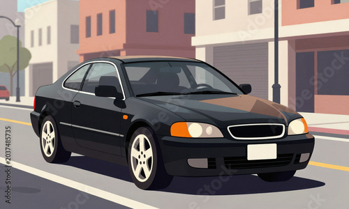 sleek black car pristine white license plate sits soft afternoon sunlight bustling city street captured wide shot