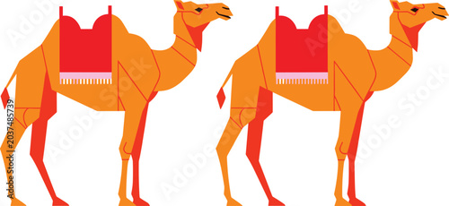 Obraz na płótnie Geometric Camel Silhouette Illustration Set with Traditional Red Saddle for Midd