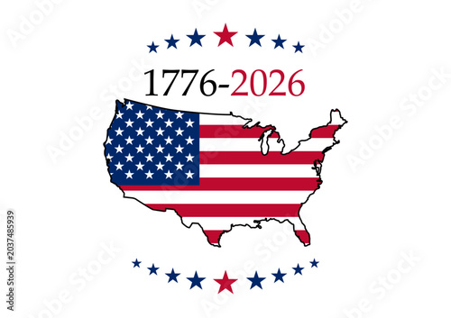 vector illustration of the continental United States map filled with an American flag pattern surrounded by 1776–2026 and star decorations on a white background.
