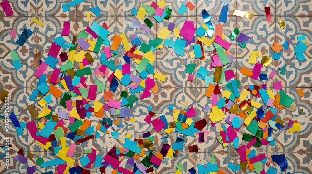 Naklejka premium Vibrant Confetti Showered Over Ornate Patterned Surface.