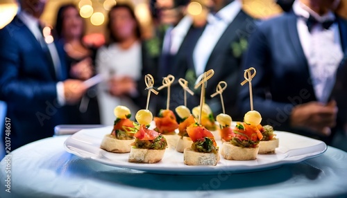 gourmet appetizers served at a corporate event with blurred guests in background elegant small bites and canapes are presented on a white plate ready for guests at sophisticated business gathering