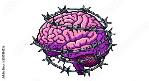 Foto Brain trapped in barbed wire symbolizing mental confinement.