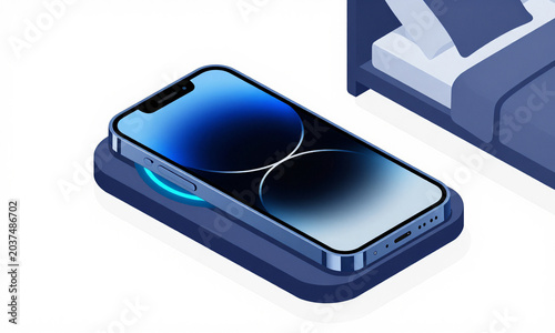 sleek smartphone rests atop glowing wireless charger pad bathed soft blue light device screen reflecting ambient glow