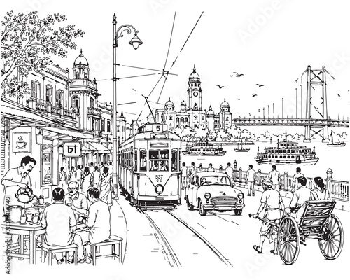 Vintage Kolkata city street illustration with tram, Howrah Bridge and Bengali urban life line art