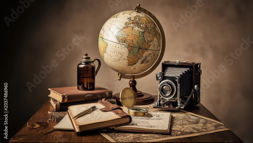 Vintage world globe surrounded by antique books, brass compass, old maps and retro decor in warm atmospheric lighting. Classic travel and exploration concept with nostalgic study interior, timeless kn