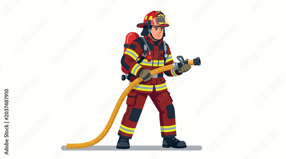 Fototapeta premium Illustration of a firefighter in uniform holding a hose