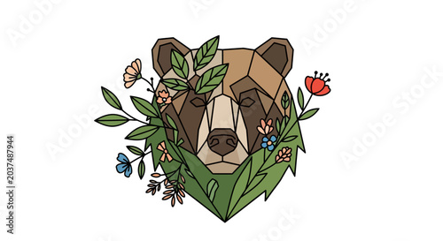 A geometric illustration of a bear's head adorned with green leaves and colorful wildflowers, depicting nature and wildlife.