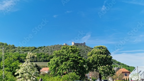 pavlov village, nove mlyny reservoir and a view of divci hrady, devicky castle ruins in south moravia, palava region, czech republic