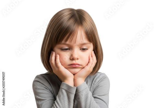 Young girl thinking with hand on chin in neutral expression isolated on transparent background