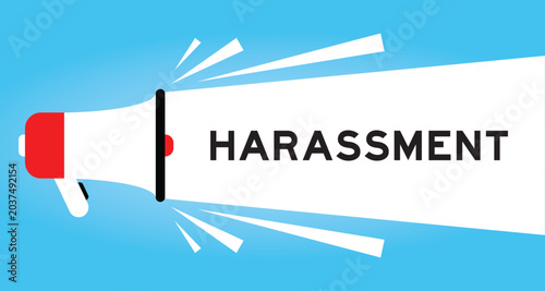 Photos Color megaphone icon with word harassment in white banner on blue background