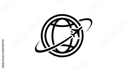 Airplane flying around the globe symbol.