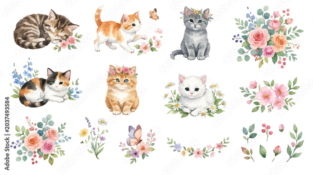 Obraz premium Adorable baby cats clipart with flowers, butterflies and pastel leaves collection. Collection of Vector illustrations for invitation, card, poster, banner, decoration