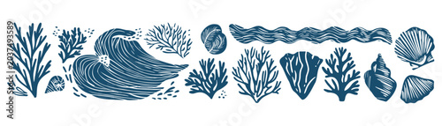 Mediterranean abstract vector set with engraved seashells, corals and flowing waves for sustainable ecology branding. Minimal Mediterranean linocut illustration in rustic woodcut style design.