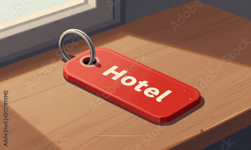 weathered red plastic hotel key tag rests scratched wooden table bathed soft afternoon light filtering nearby window